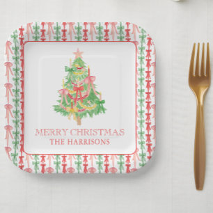 Watercolor Coquette Bow Christmas Tree Paper Plates