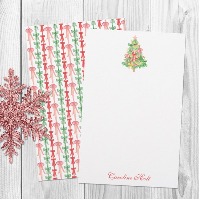 Watercolor Coquette Bow Christmas Tree Personalize Stationery (Creator Uploaded)