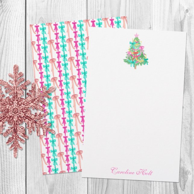 Watercolor Coquette Bow Christmas Tree Personalize Stationery (Creator Uploaded)