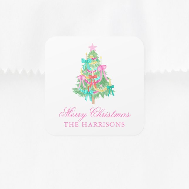 Watercolor Coquette Bow Christmas Tree Square Sticker (Creator Uploaded)