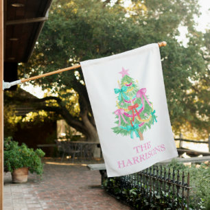 Watercolor Coquette Bows Christmas Tree House Flag