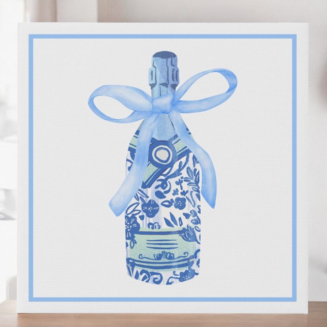 Watercolor Coquette Champagne Blue Bottle Preppy Faux Canvas Print (Creator Uploaded)