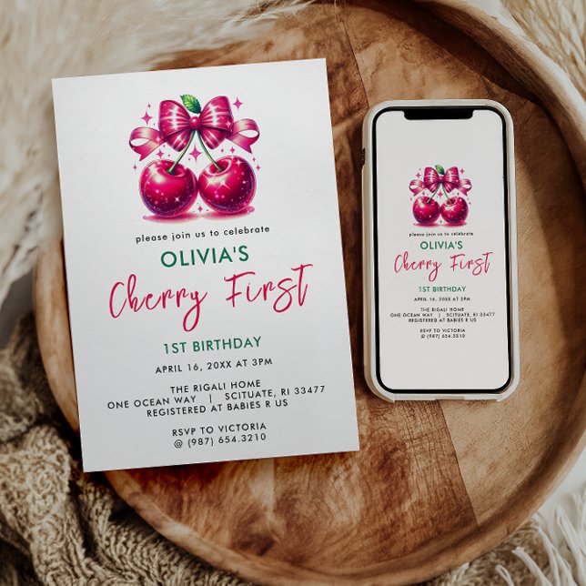 Watercolor Coquette Cherry 1st Birthday Invitation (Creator Uploaded)