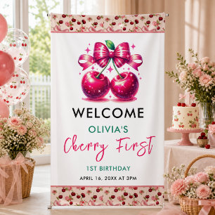 Watercolor Coquette Cherry 1st Birthday Party Banner