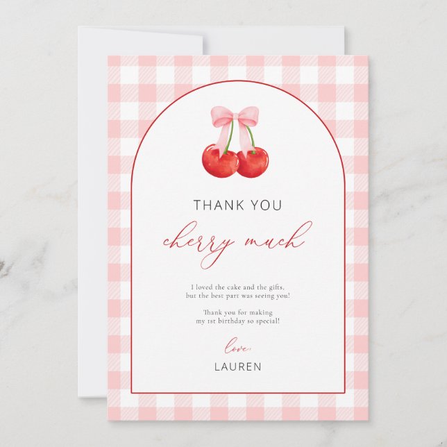 Watercolor Coquette Cherry Birthday Thank You Card (Front)