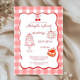 Watercolor Coquette Cherry First 1st Birthday Invitation