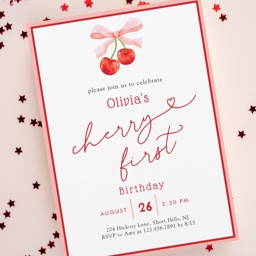 Watercolor Coquette Cherry First 1st Birthday Invitation