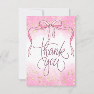 Watercolor Coquette Pink Bow Gold Glitter Script Thank You Card