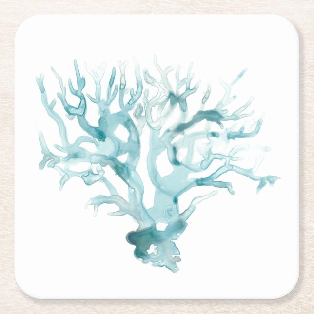 Watercolor Coral - Blue Square Paper Coaster (Front)