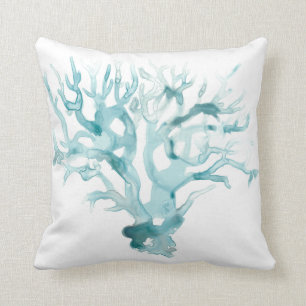 Watercolor Coral - Blue Throw Pillow