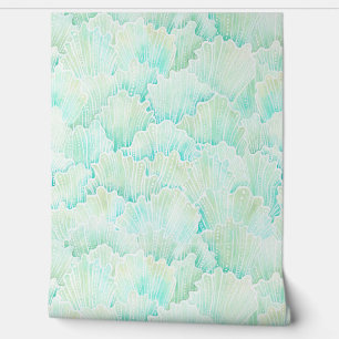 Watercolor Coral Fan Pattern Soft Teal and Mint on Wallpaper