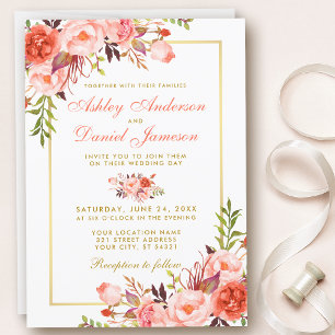 Watercolor Coral Floral and Gold Wedding Invitation