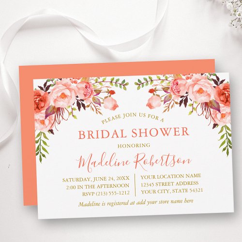 Watercolor Coral Floral Bridal Shower Gold Invitation