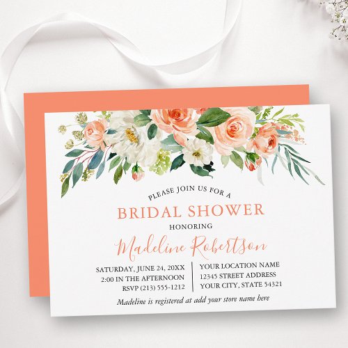 Watercolor Coral Floral Bridal Shower Invitation