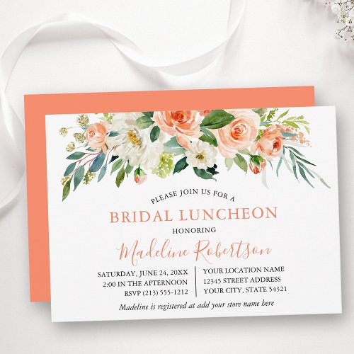 Watercolor Coral Floral Bridal Shower Luncheon Invitation