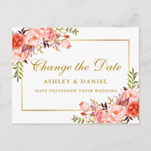 Watercolor Coral Floral Change The Date Gold Postcard