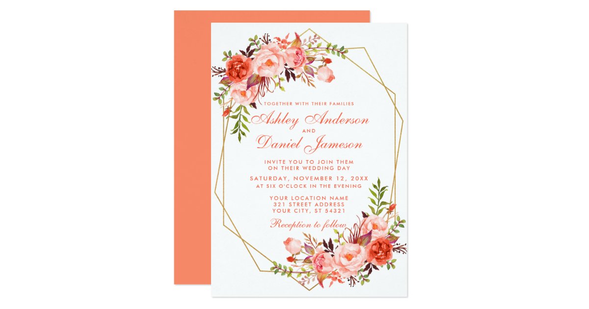 Watercolor Coral Floral Geometric Wedding Invitation