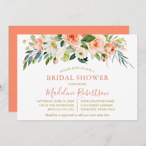 Watercolor Coral Floral Gold Bridal Shower Invitation
