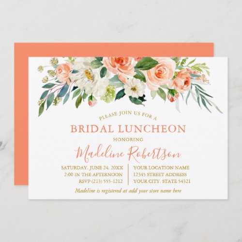 Watercolor Coral Floral Gold Bridal Shower Lunch Invitation