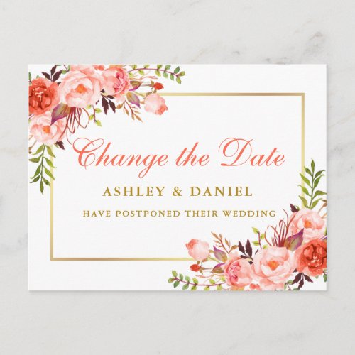 Watercolor Coral Floral Gold Change The Date Postcard