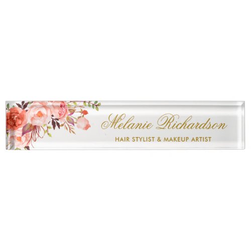 Watercolor Coral Floral Gold Desk Name Plate