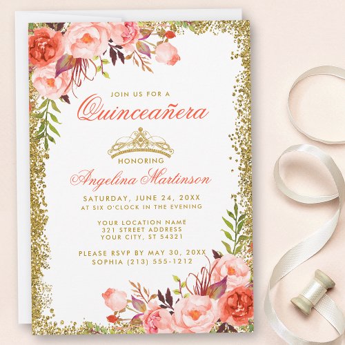 Watercolor Coral Floral Gold Glitter Quinceanera Invitation