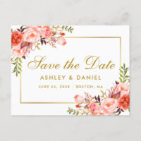 Watercolor Coral Floral Gold Save the Date
