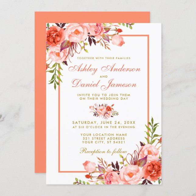 Watercolor Coral Floral Gold Wedding Invitation (Front/Back)
