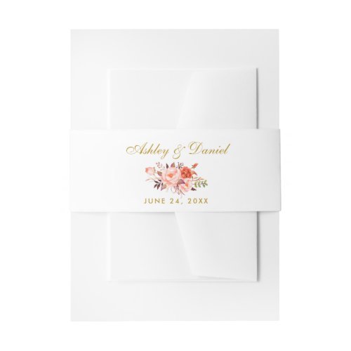 Watercolor Coral Floral Gold Wedding Invitation Belly Band