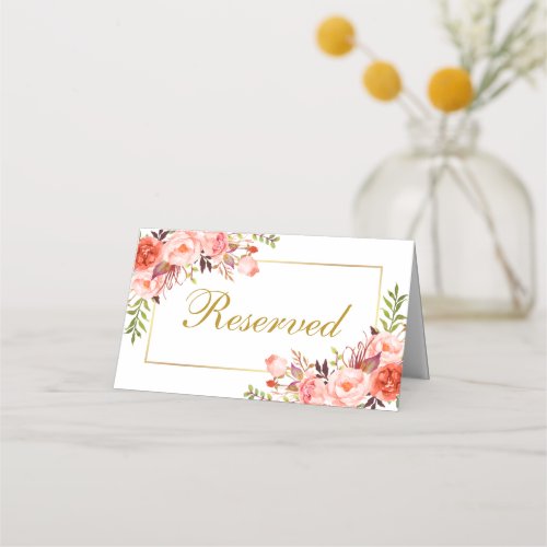 Watercolor Coral Floral Gold Wedding Reserved Place Card