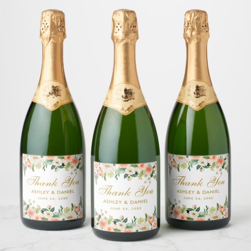 Watercolor Coral Floral Gold Wedding Sparkling Wine Label