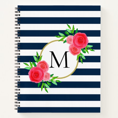 Watercolor Coral Floral Monogram Blue White Stripe Notebook