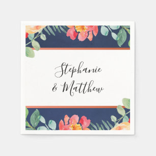 Watercolor Coral Floral Navy Blue Wedding Napkins