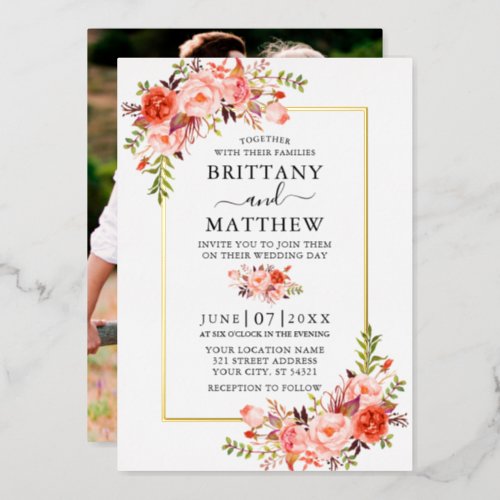 Watercolor Coral Floral Photo Wedding Gold Foil Invitation