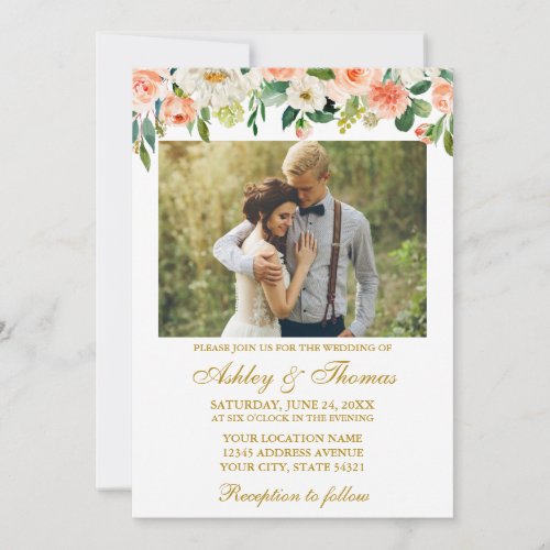 Watercolor Coral Floral Photo Wedding Gold Invitation