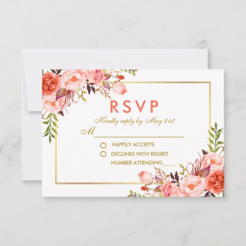 Watercolor Coral Floral RSVP Gold Wedding