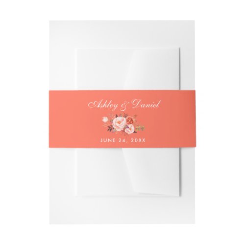 Watercolor Coral Floral White Wedding Invitation Belly Band