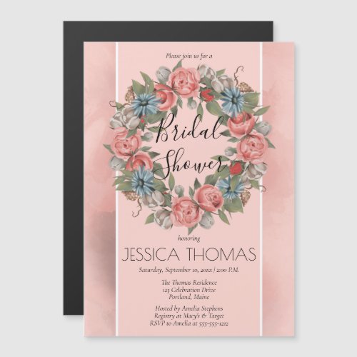 Watercolor Coral Floral Wreath Bridal Shower Magnetic Invitation