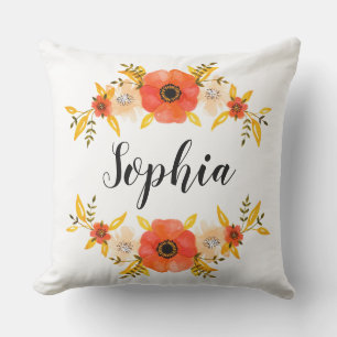 Watercolor Coral Floral Wreath Custom Name Outdoor Pillow