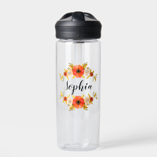 Watercolor Coral Floral Wreath Custom Name Water Bottle