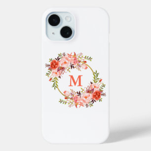 Watercolor Coral Floral Wreath Monogram iPhone 15 Case