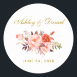 Watercolor Coral Gold Floral Wedding Classic Round Sticker<br><div class="desc">Watercolor Coral Floral Gold Wedding Stickers</div>
