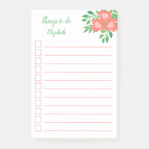 Watercolor Coral & Green Floral Lined To Do List Post-it Notes