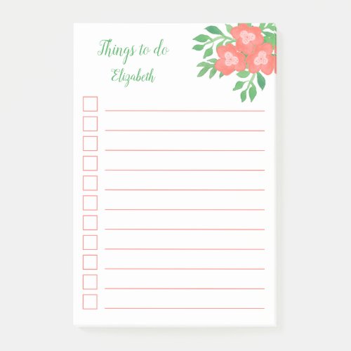 Watercolor Coral  Green Floral Lined To Do List Post_it Notes