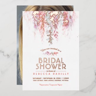 Watercolor coral green gold bridal shower photo foil invitation