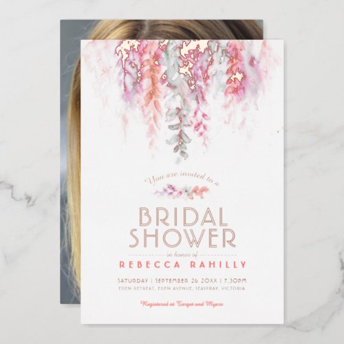 Watercolor coral green gold bridal shower photo foil invitation