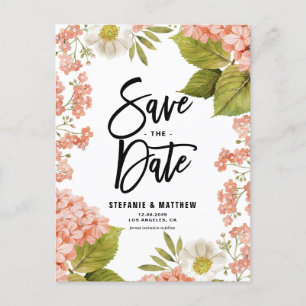 Watercolor Coral Hydrangea Floral Save the Date Announcement Postcard