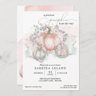 Watercolor Coral Little Pumpkin Baby Shower Invitation
