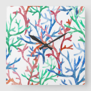 Watercolor Coral Pattern Square Wall Clock