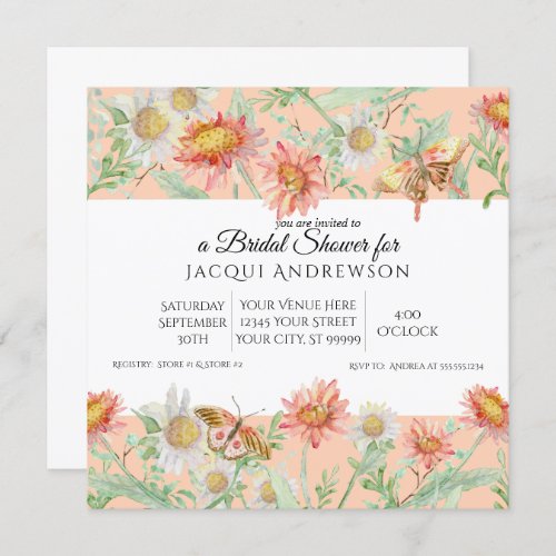 Watercolor Coral Peach Ivory Floral Bridal Shower Invitation